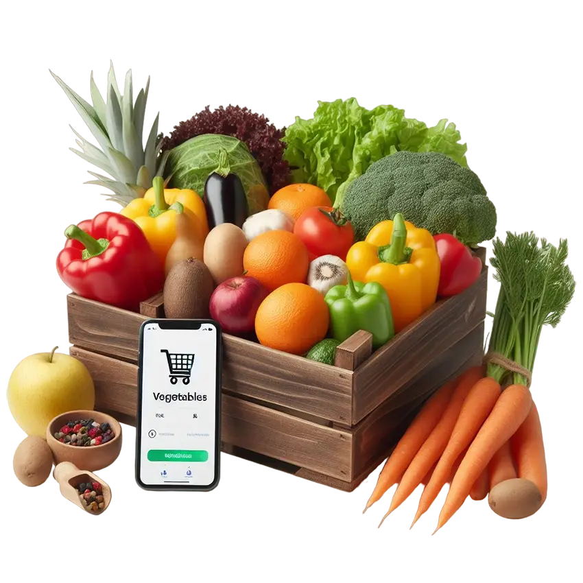caja de madera con verduras y fruta